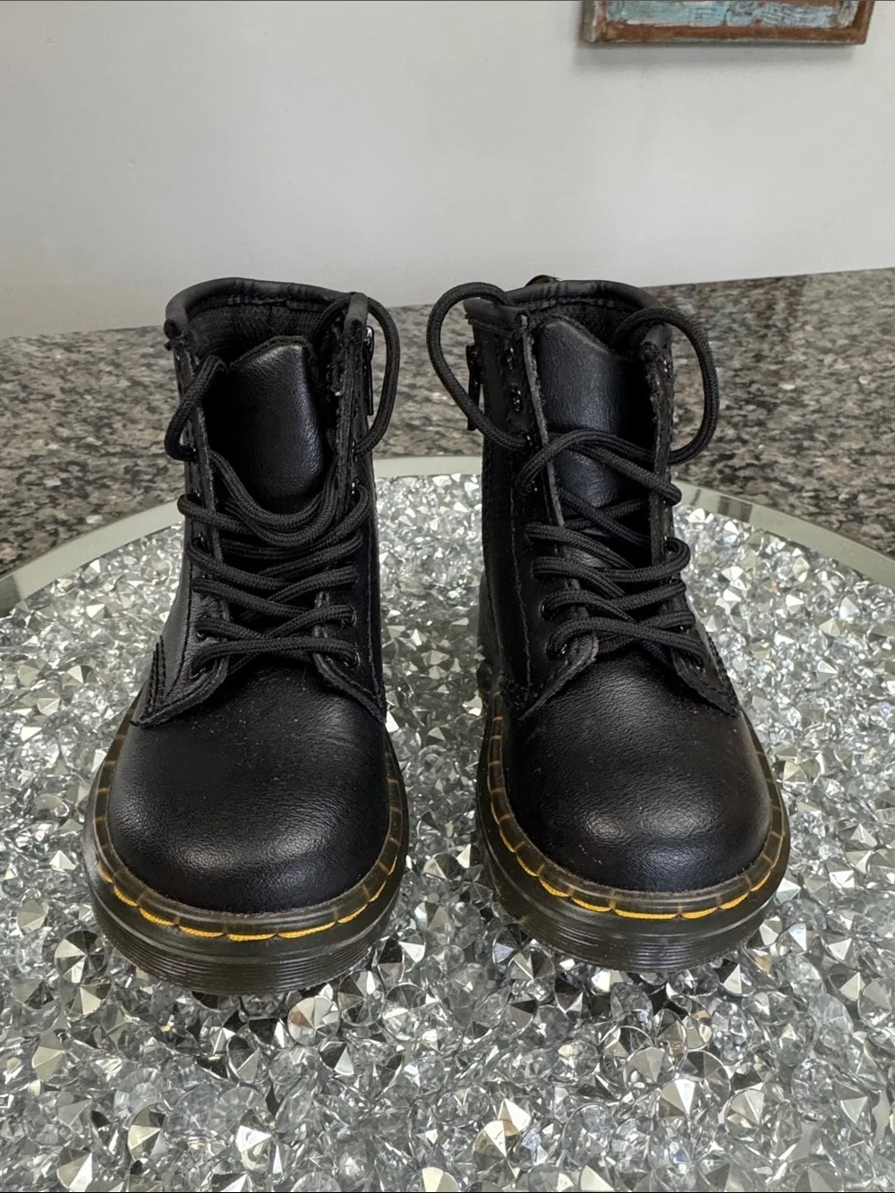 Dr. Martens Black Leather Lace-Up Boots with Yellow Accents EUC 7 toddler